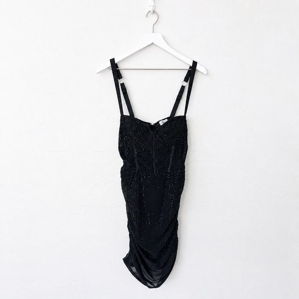 Oh Polly Black Rhinestone Ruched Mesh Bodycon Mini Dress US 6 Party Clubwear